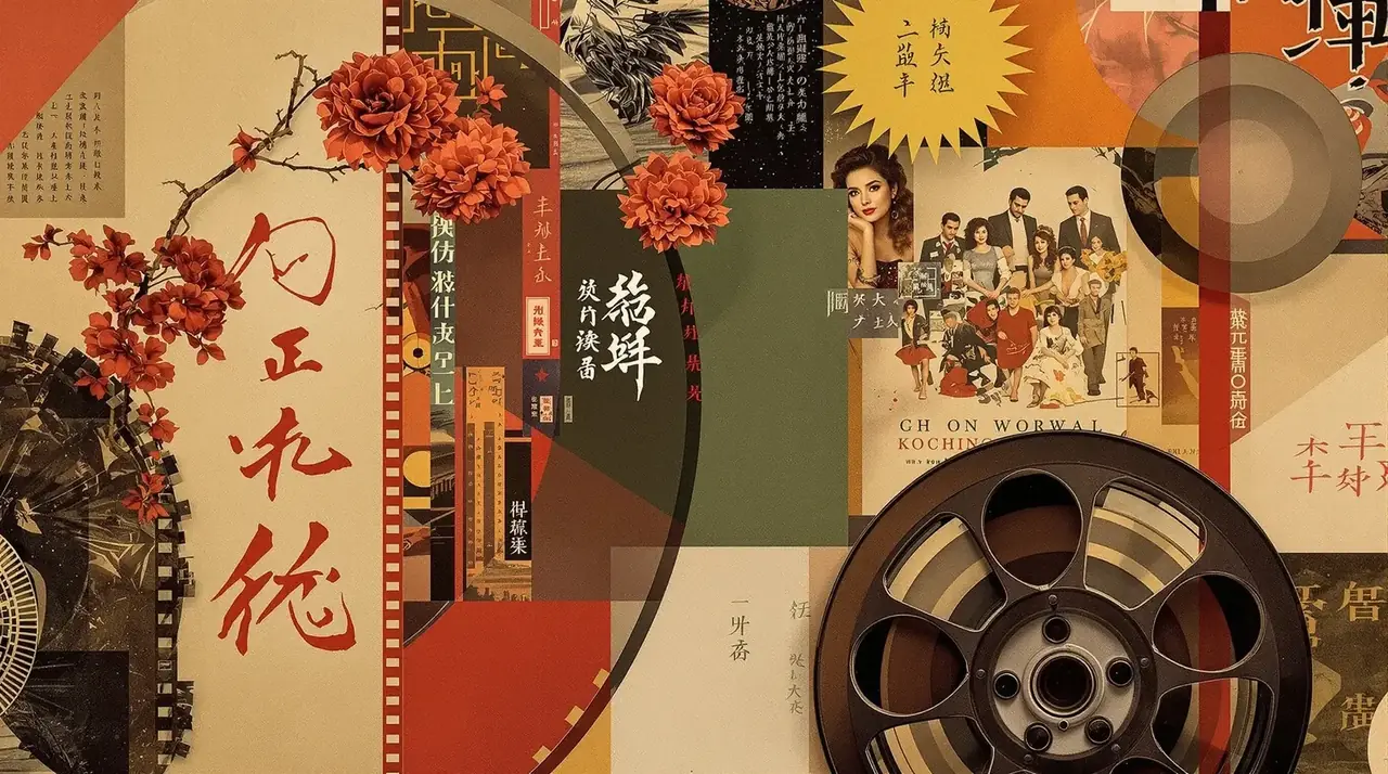 色熟女 怀旧电影胶片与经典海报的艺术拼贴背景